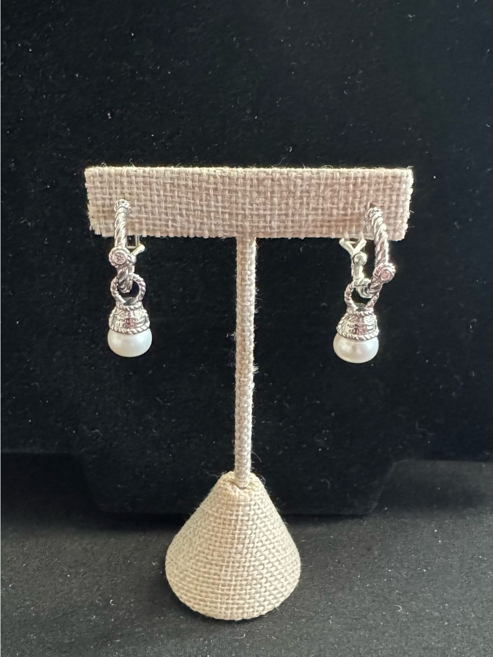 Judith Ripka 925 Silver Drop White Pearl Earrings w/ CZ Crystal Accents - Picture 4 of 10